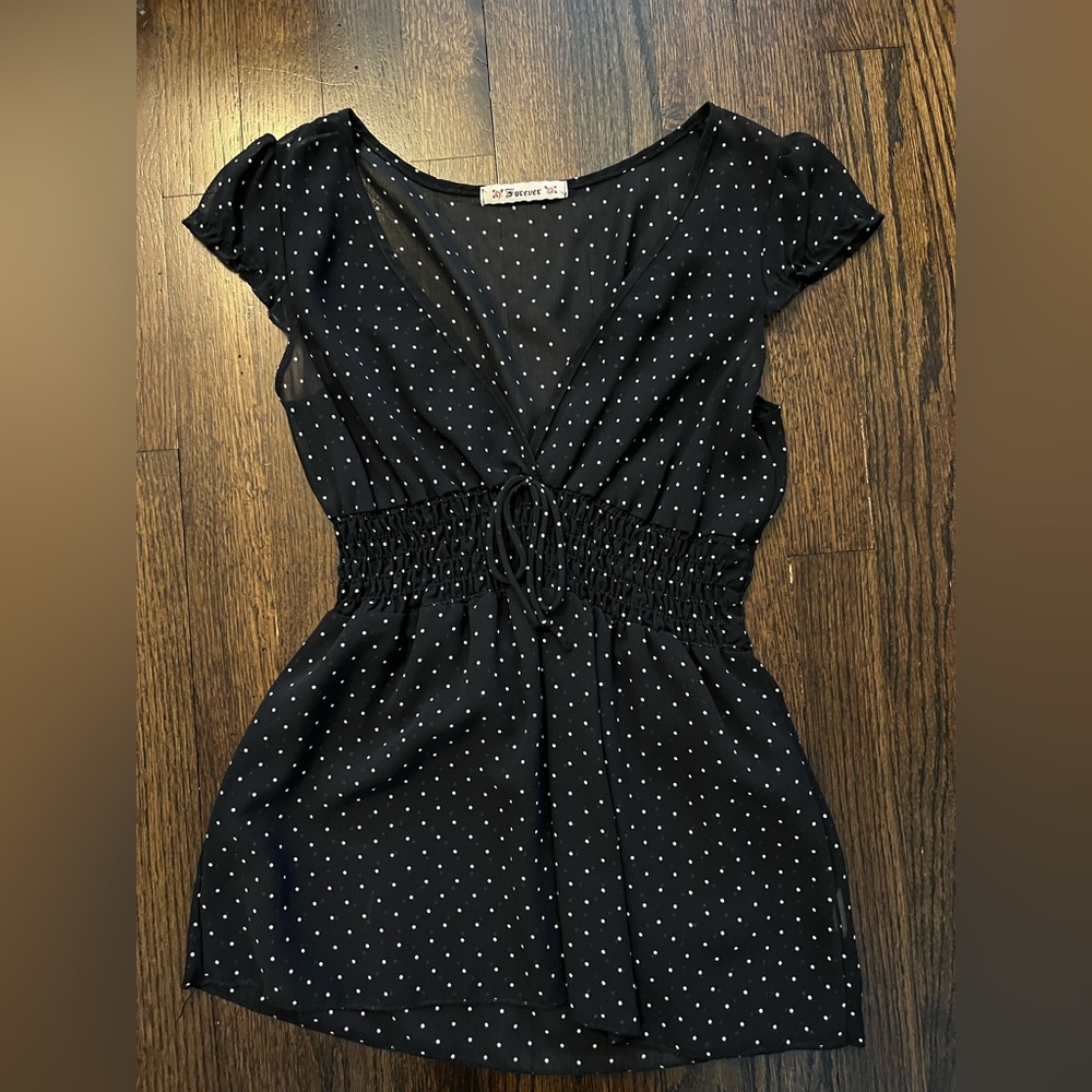 Forever 21 Black Polka Dot Short Sleeve Blouse